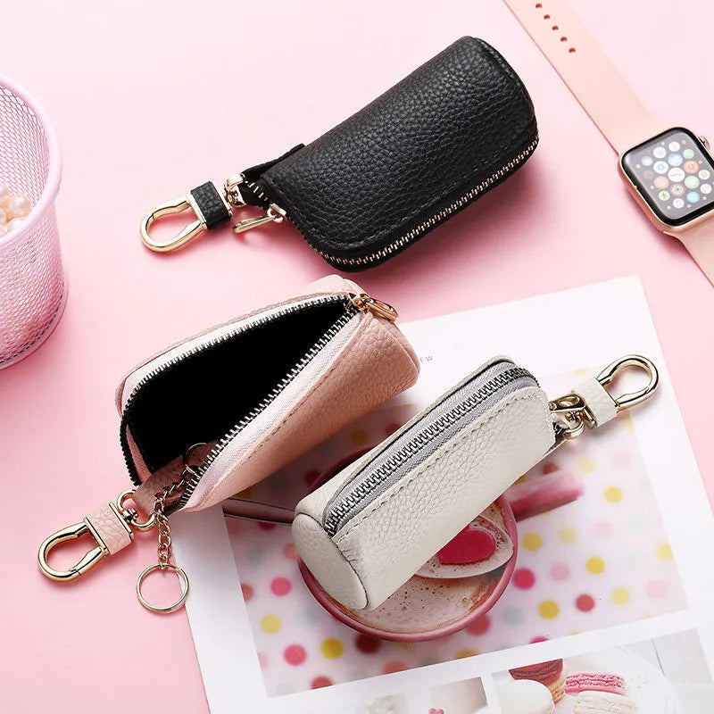 Minimalist black PU leather car key case with zipper closure on key ring