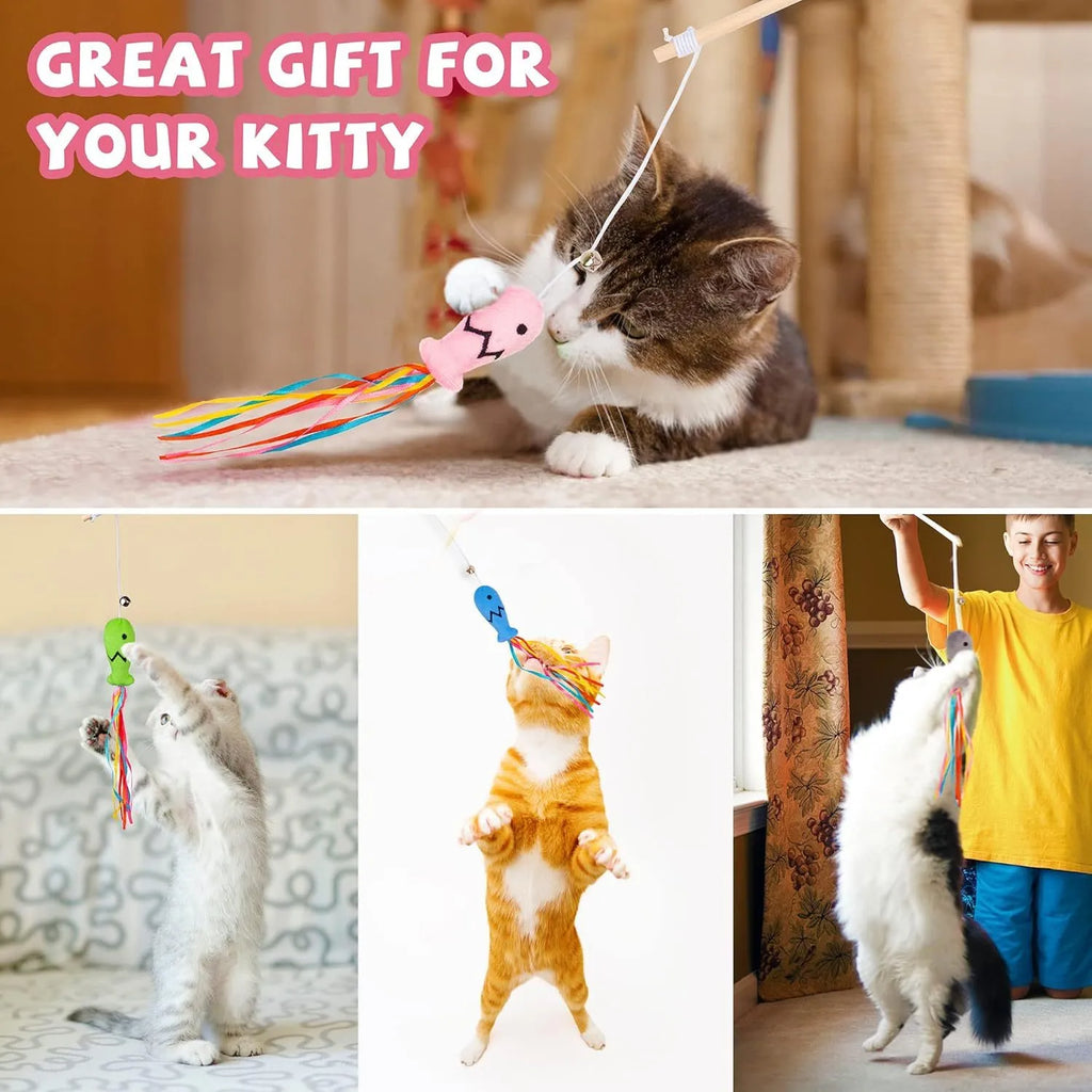 Cat wand toy with wooden handle, elastic string, catnip fish, colourful ribbons and metal bell