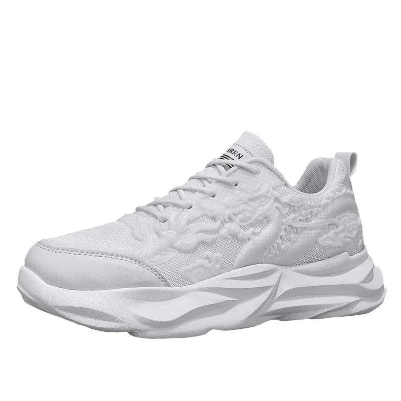 Chinese Loong dragon print casual sneakers with fly knit upper and rubber sole in multiple colour options.