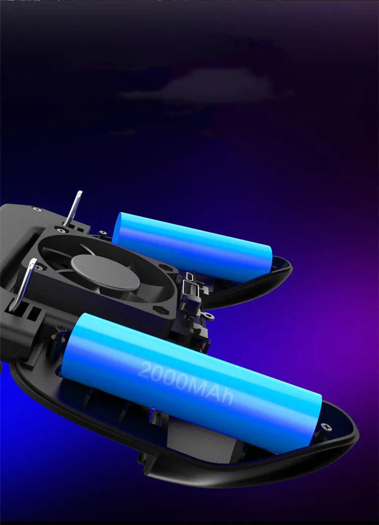 Black mobile game controller for smartphones with USB cable, shot button, and lens button.