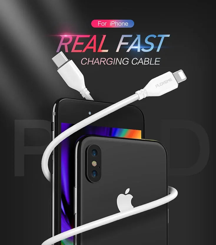White USB-C to Lightning charging cable for iPhone on a plain background
