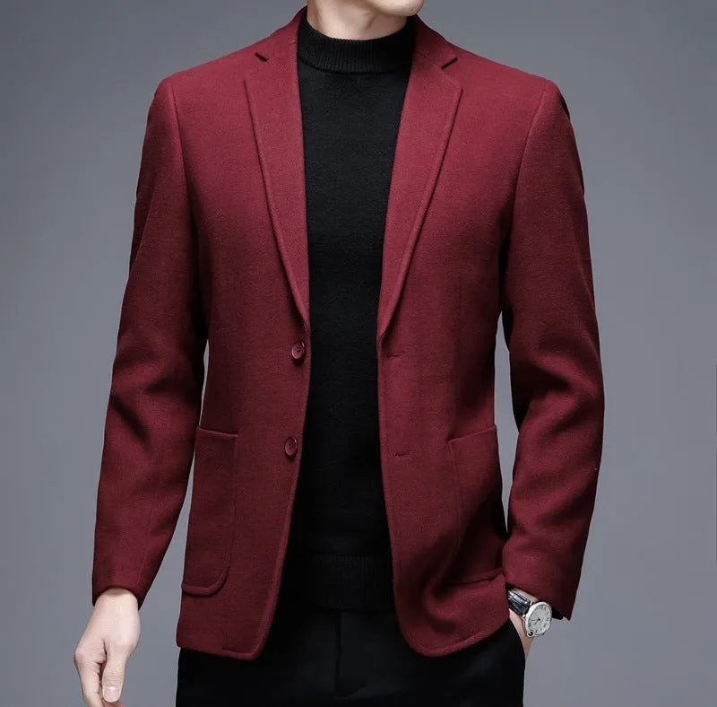 Men's solid colour woolen winter jacket with loose fit, long sleeves, and round hem in yellow, red, navy blue, or grey