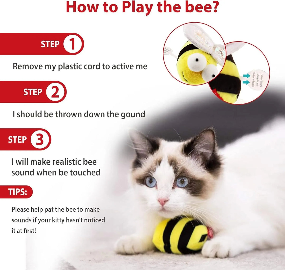 Yellow bee-shaped flannelette cat toy with electronic motion-activated squeaking sound