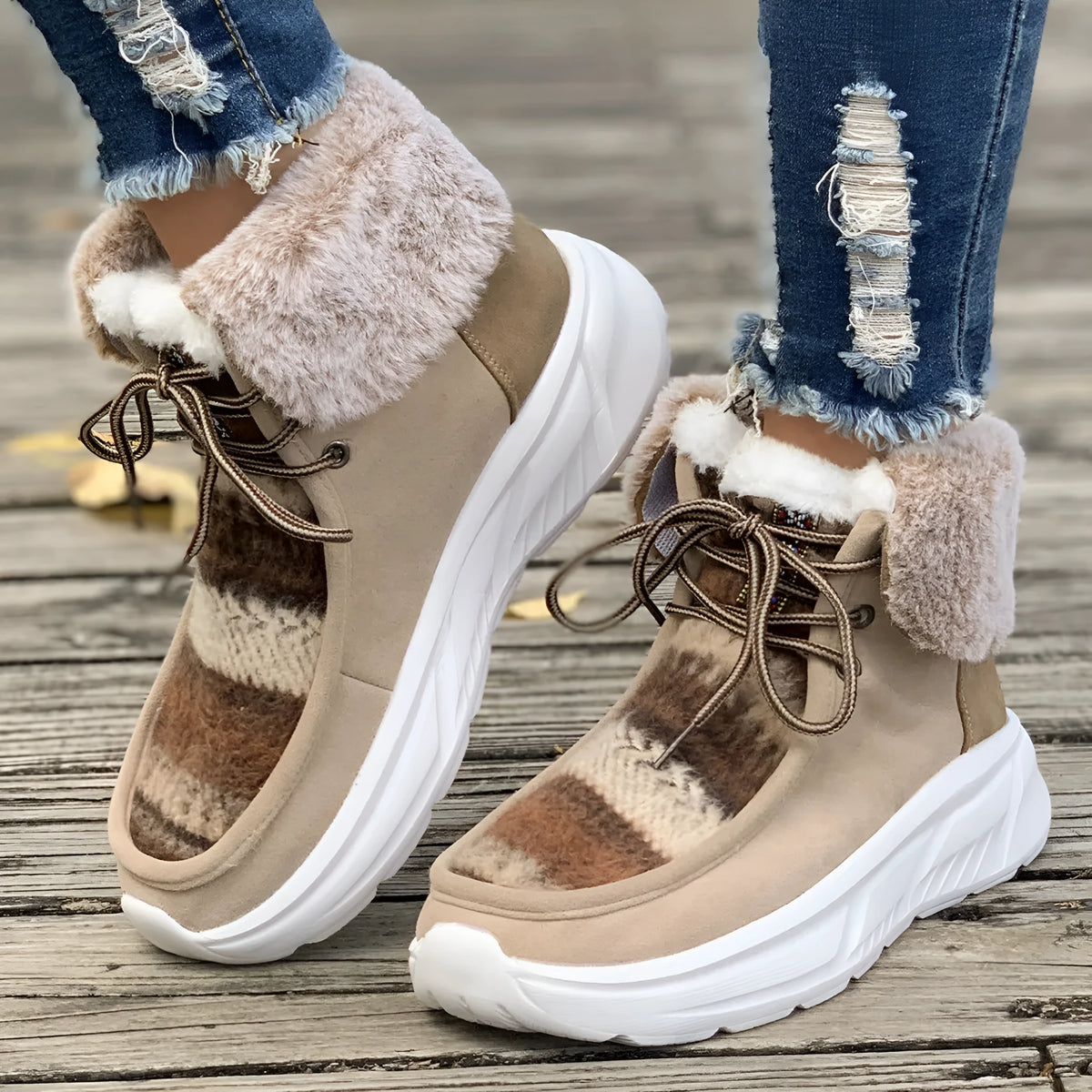 Women's beige lace-up snow boots with fuzzy suede upper and thick platform sole
