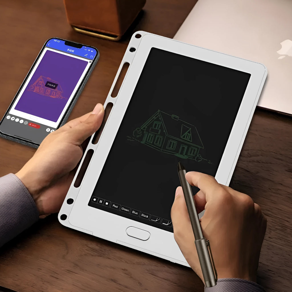 85-inch electronic writing pad with stitching design and smart pen on a desk