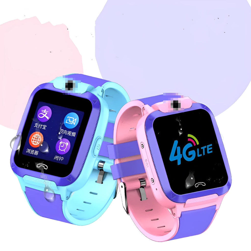 Blue children's smartwatch with 1.44-inch touchscreen showing GPS and video call functions