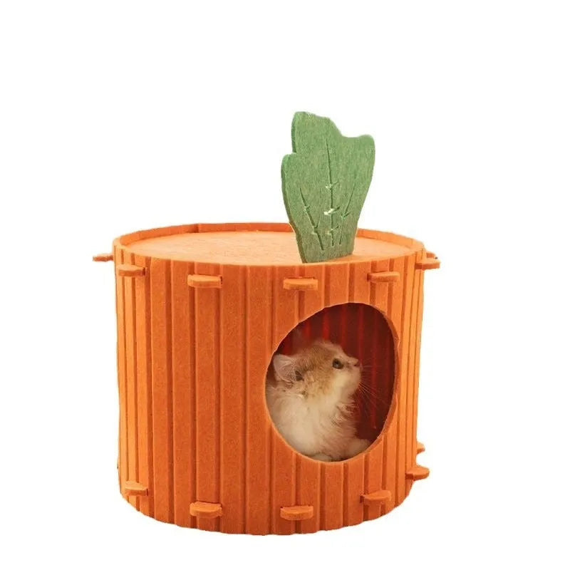 Brown carrot-shaped felt cat tunnel bed showing semi-enclosed design for feline sleeping