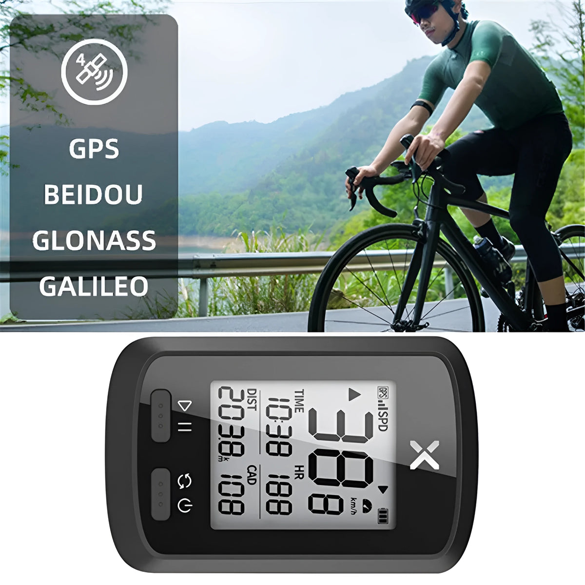 Black plastic waterproof bicycle stopwatch mounted on bicycle handlebars