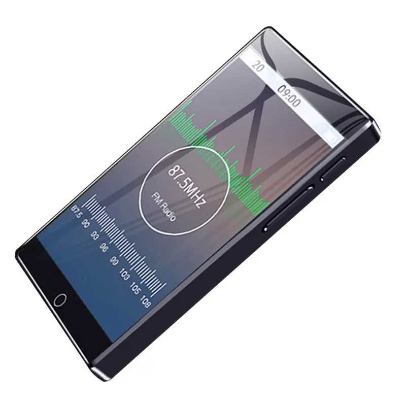 Black Ruizu H1 slim MP3 MP4 player with 4-inch touch screen displaying music menu