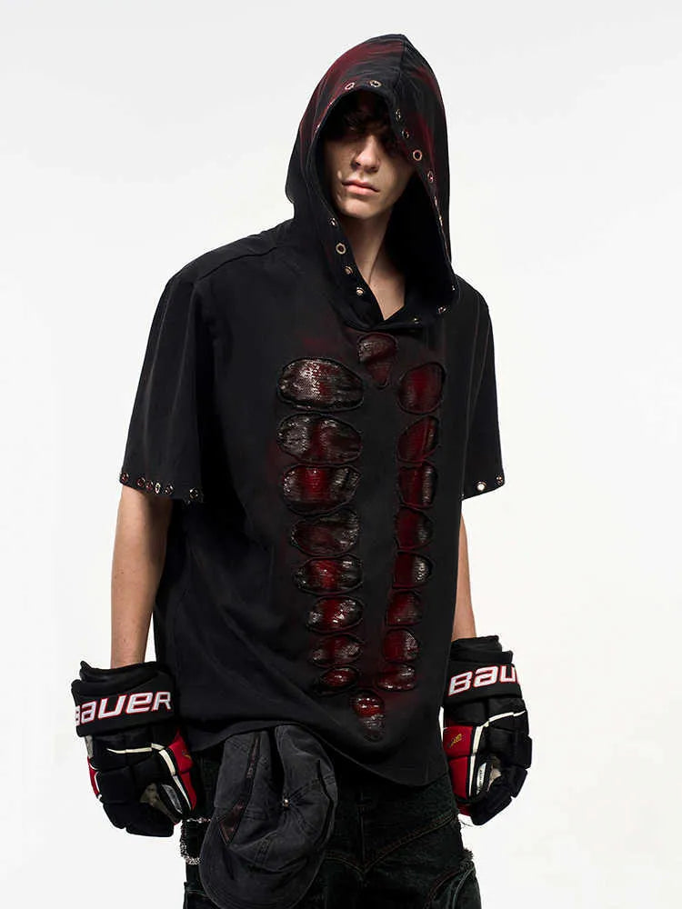 Black men's loose-fitting hooded t-shirt with short sleeves and sequin detailing.