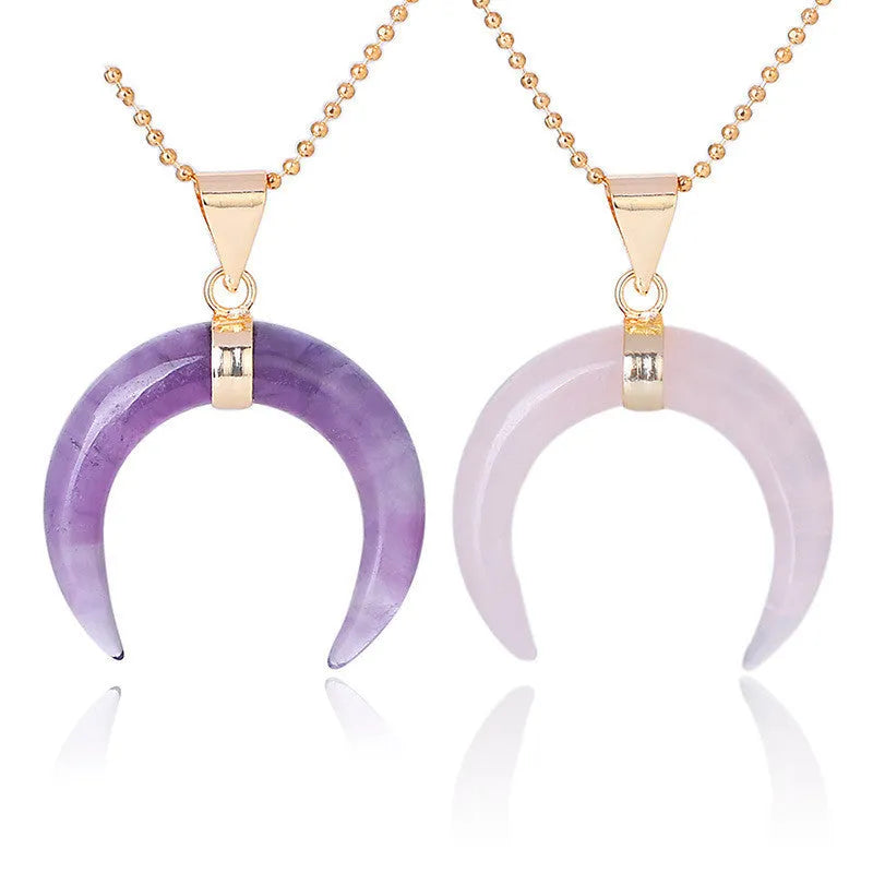 Natural crystal semi-precious stone moon pendant necklace on copper chain with pink or purple stone option