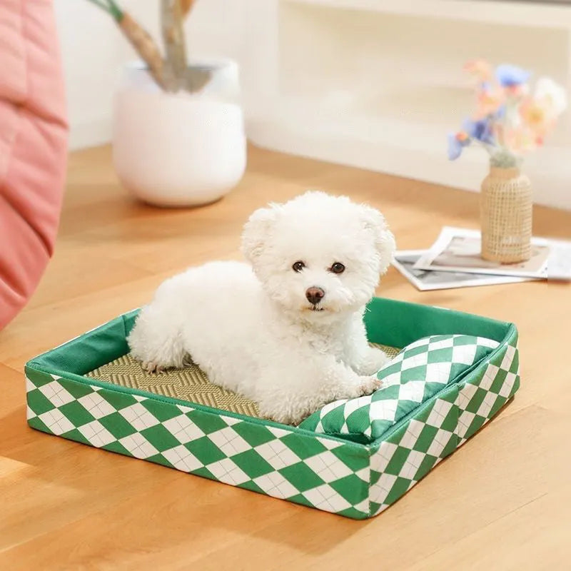 Blue rattan cat litter mat with bamboo frame serving as elevated cooling bed