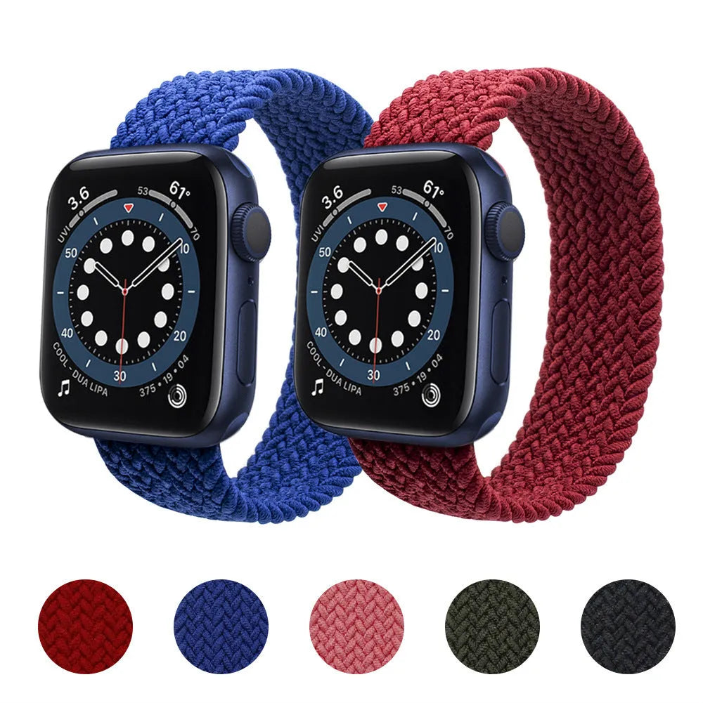 Nylon Apple Watch strap with plastic head connector in army green, showing elastic woven texture.