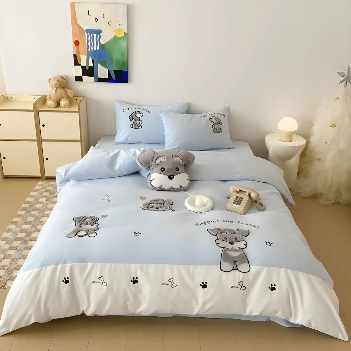 Schnauzer cartoon pattern bedding set with embroidery on duvet cover, sheet and pillowcases