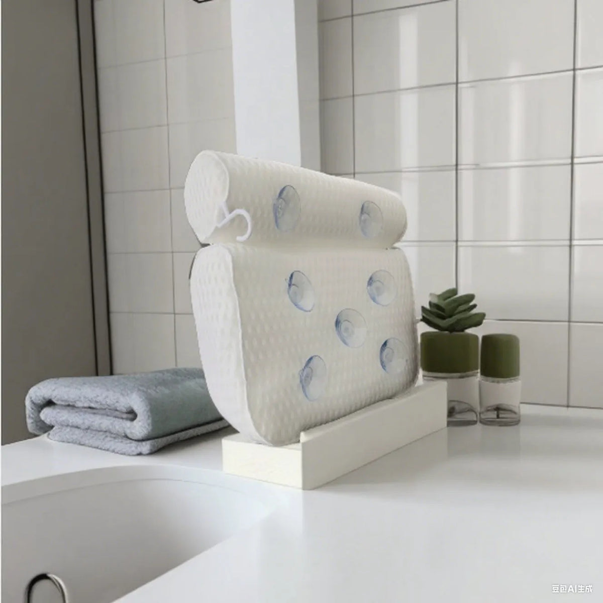 White bathtub pillow with 4D mesh material and seven suction cups showing 3D permeable construction