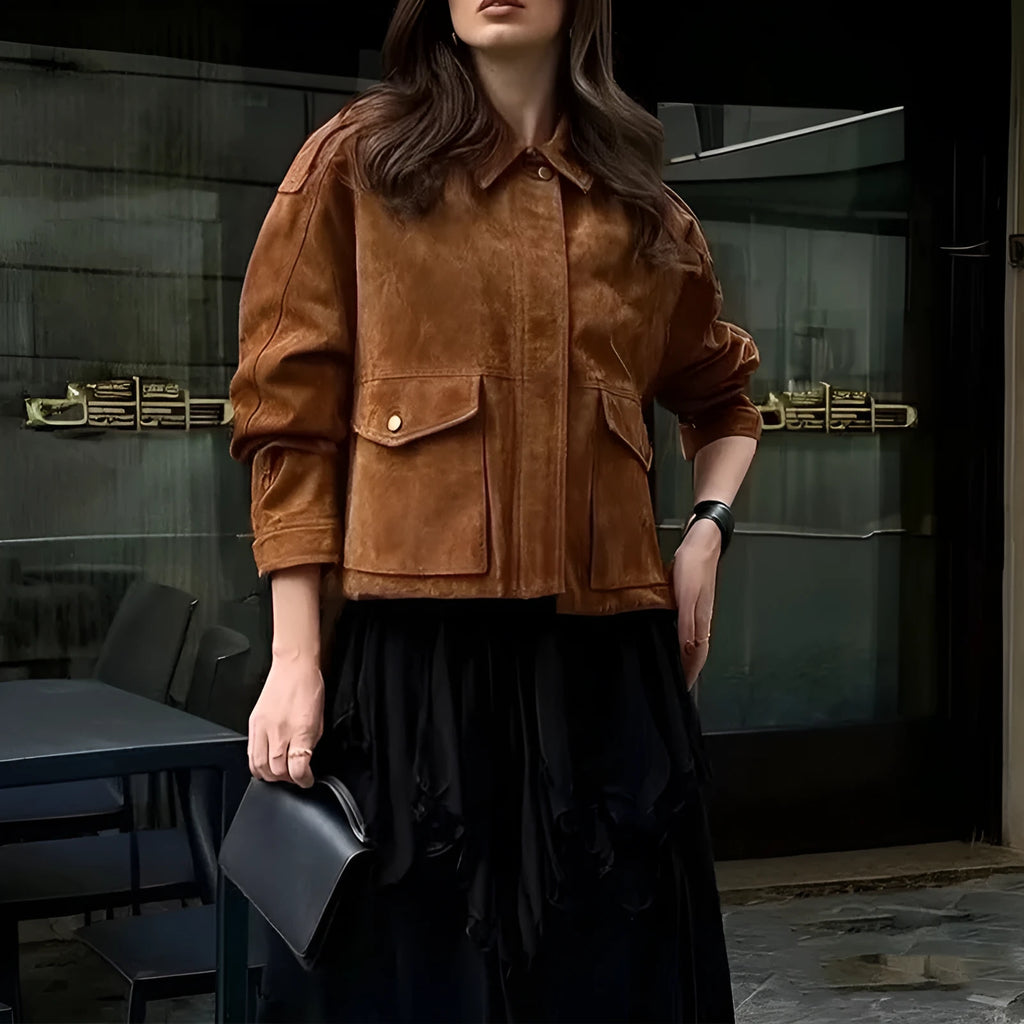 Women's brown suede-look coat with regular sleeves shown in S-3XL size range