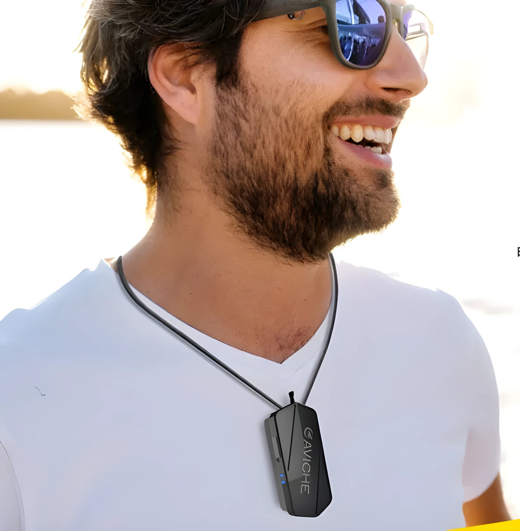 Black wearable air purifier necklace showing portable personal cleaner dimensions