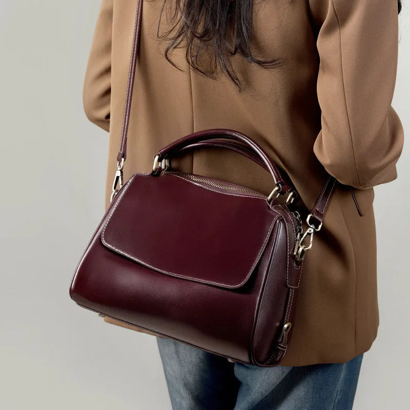 Women's genuine leather crossbody tote bag in cross square shape with dual shoulder straps