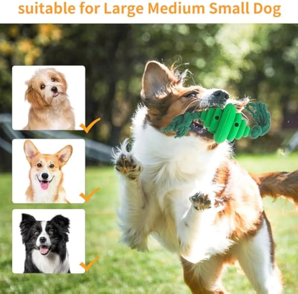 Green and yellow split spiral dog ball with rope attachment for interactive play and treat dispensing