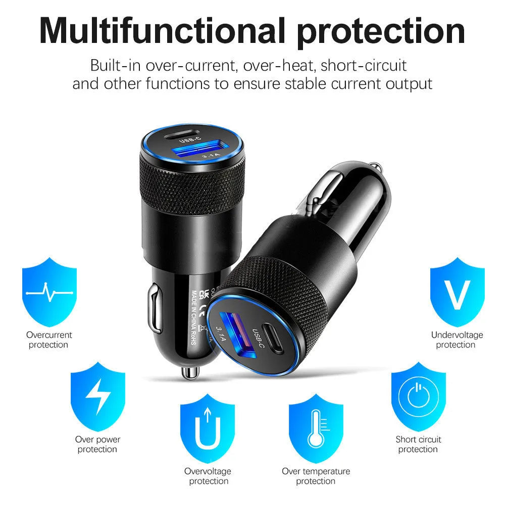 Compact aluminium alloy car mobile phone charger in Black Silver two-tone finish
