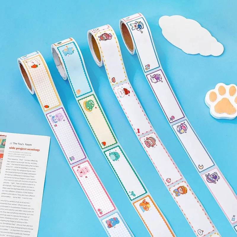 Roll of cartoon tape name stickers with dinosaur astronaut rabbit girl print designs for organisation