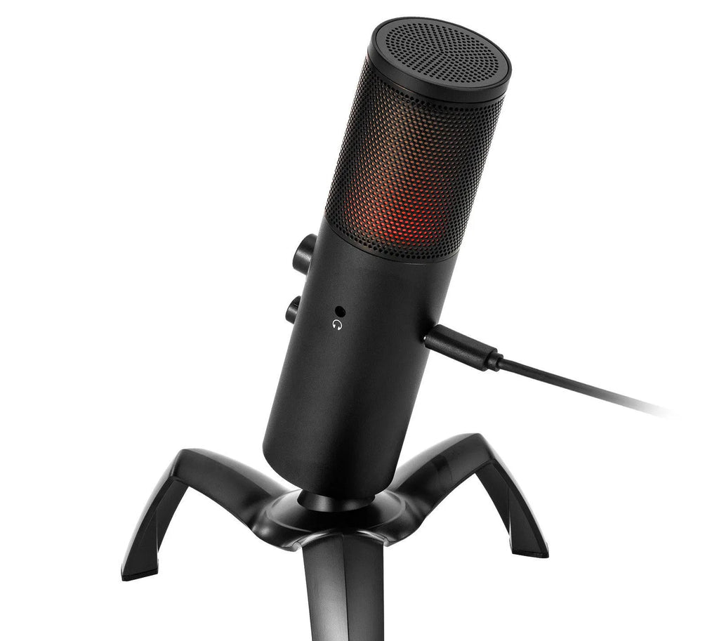 Black Q18 USB condenser microphone with RGB lighting on adjustable tripod mount