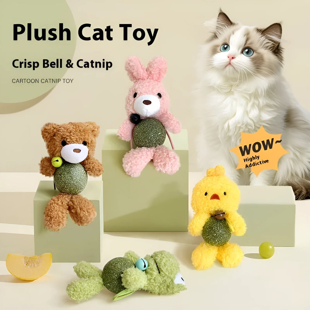 Plush catnip ball toy with bell in brown bear design showing 15cm height and 4cm mint ball
