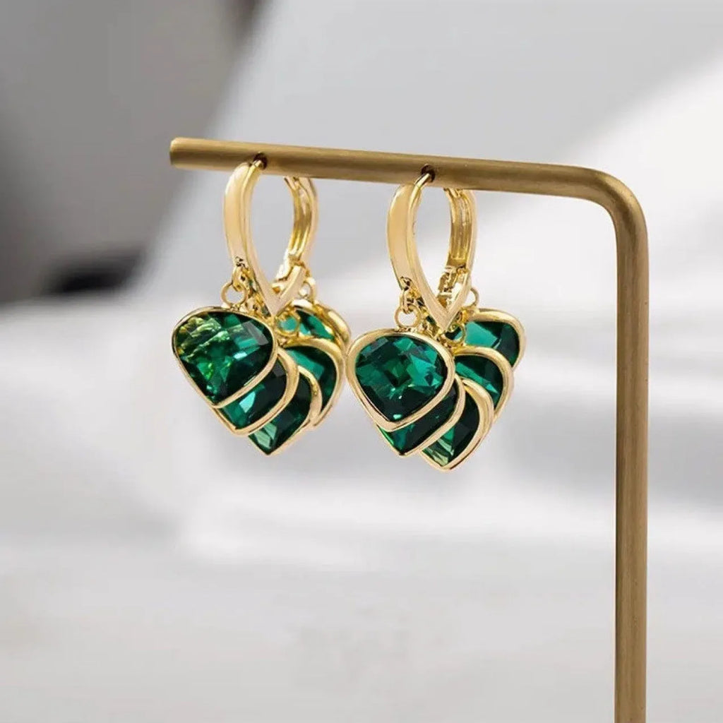 Korean style green heart-shaped glass pendant ear clip earrings for women