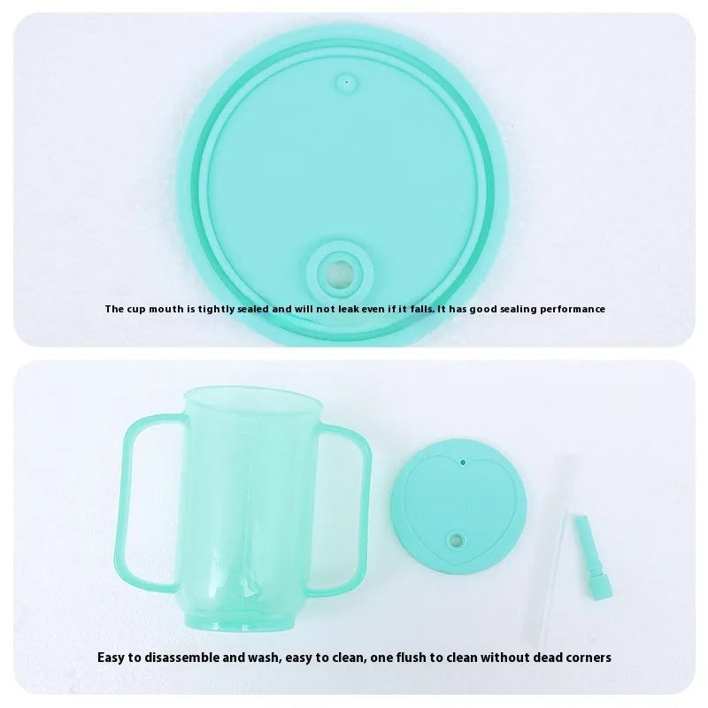Elderly bed drinking cup with oblique mouth design, handle, and secure lid
