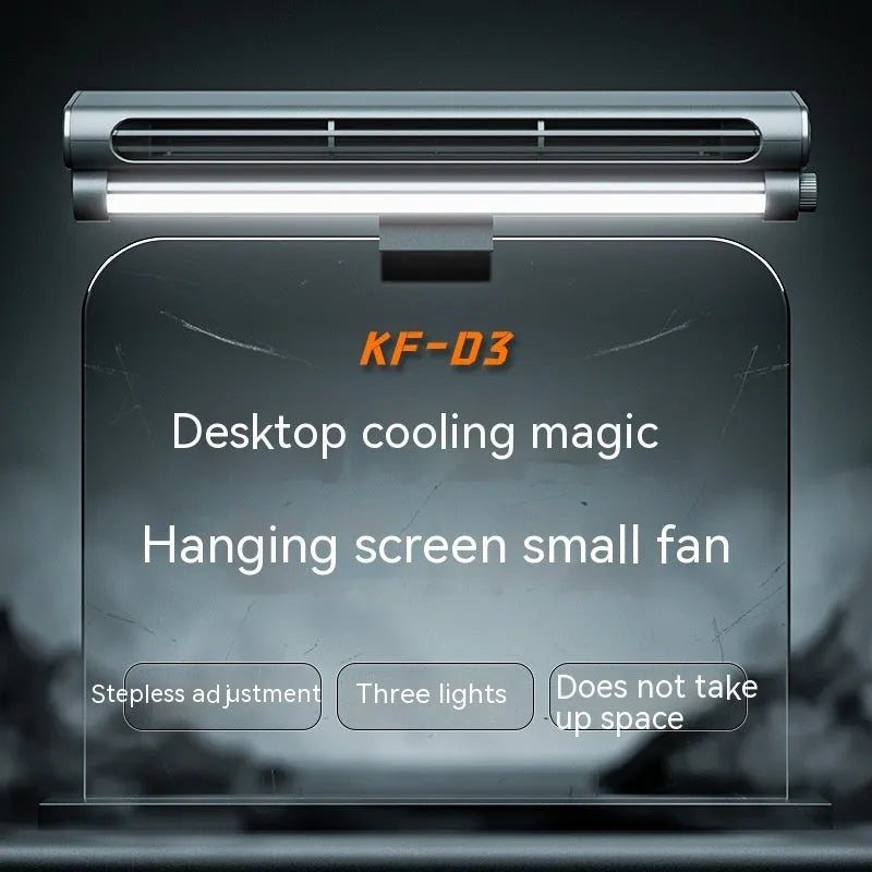 Black bladeless clip-on fan with LED light attached to laptop screen showing USB cable connection