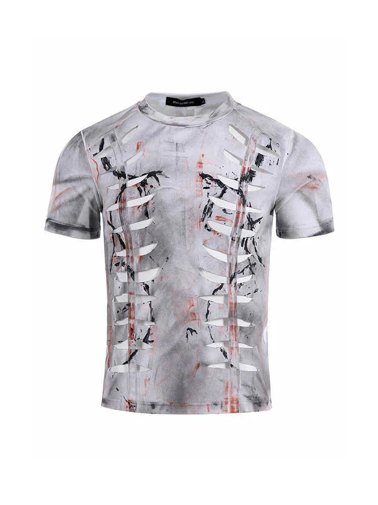 Man modelling a white men's short sleeve cotton t-shirt with a hollow-out cut design on the front.