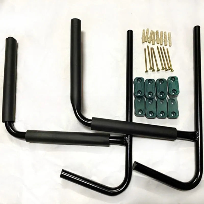 Carbon steel kayak wall storage hanger rack measuring 43 by 38 centimetres.