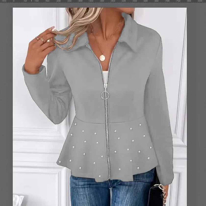 Women's black spandex coat with beaded heavy-duty zipper and ruffled hem, loose fit design