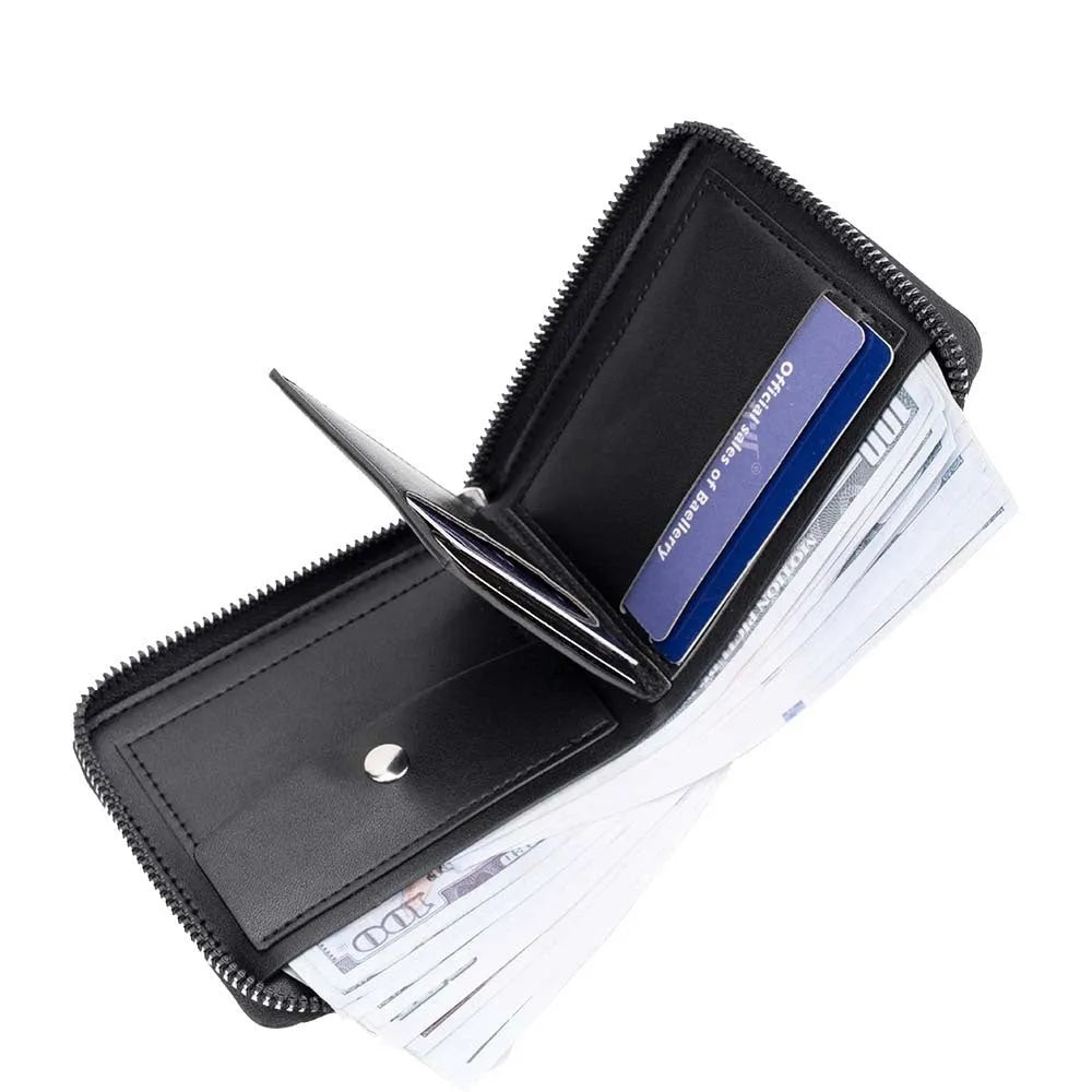 Black leather anti-theft credit card wallet with zipper closure and embossed pattern
