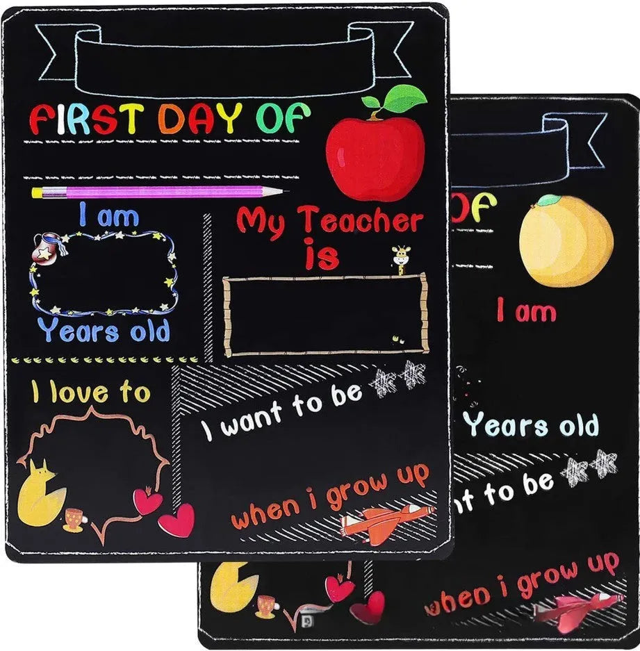 Wooden blackboard with first day of school design on density plate measuring 25.5 by 30 centimetres