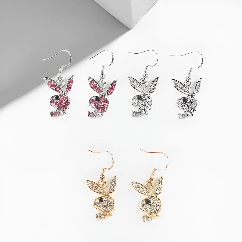 Rabbit stud earrings with diamond-covered design in silver, gold, or pink alloy.