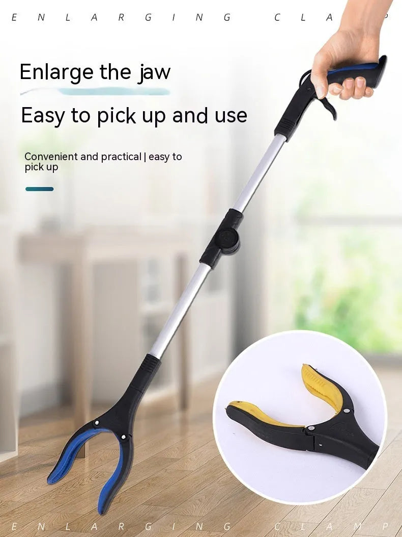 Folding aluminium garbage pick-up clamp with extended shaft and magnetic sucker attachment on a blue handle.