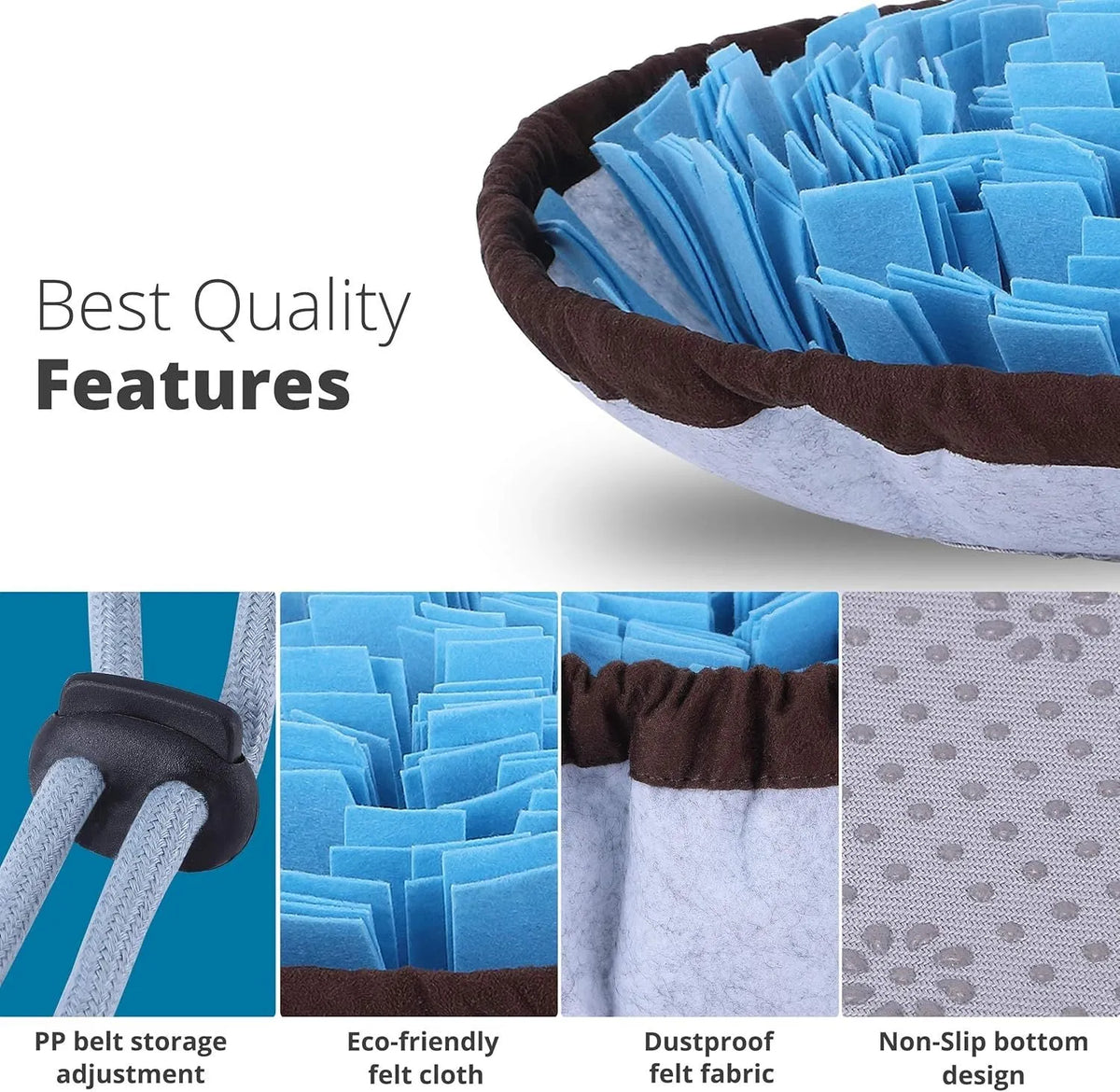 Blue adjustable snuffle mat for large dogs showing fabric pockets for hiding treats