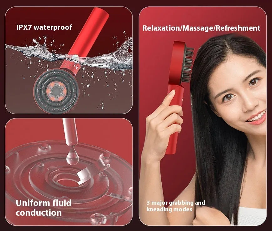 Black and red rechargeable scalp massage comb with red and blue lights, shown with a Type-C charging cable.