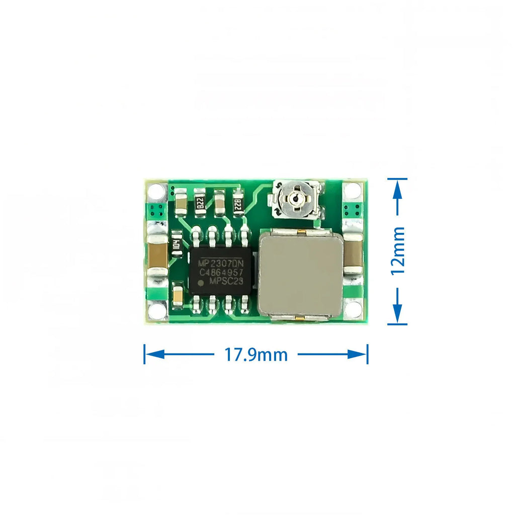 Mini-360 green DC-DC buck converter module measuring 17mm × 11mm with synchronous rectification