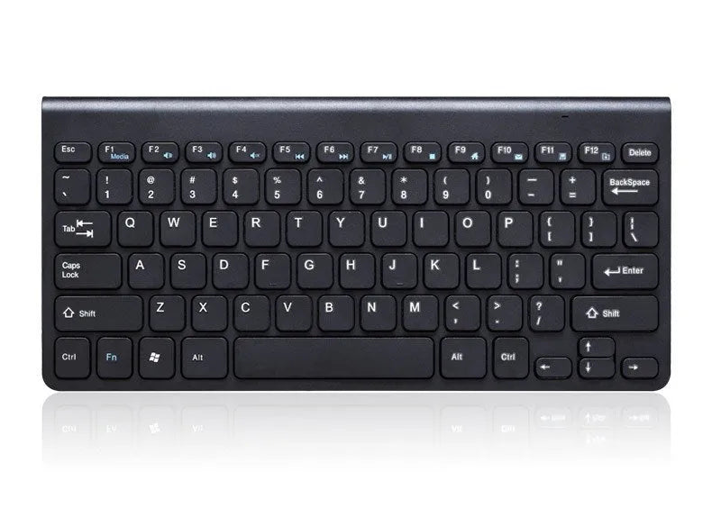 Black and white wireless keyboard and mouse set with USB receiver on desk