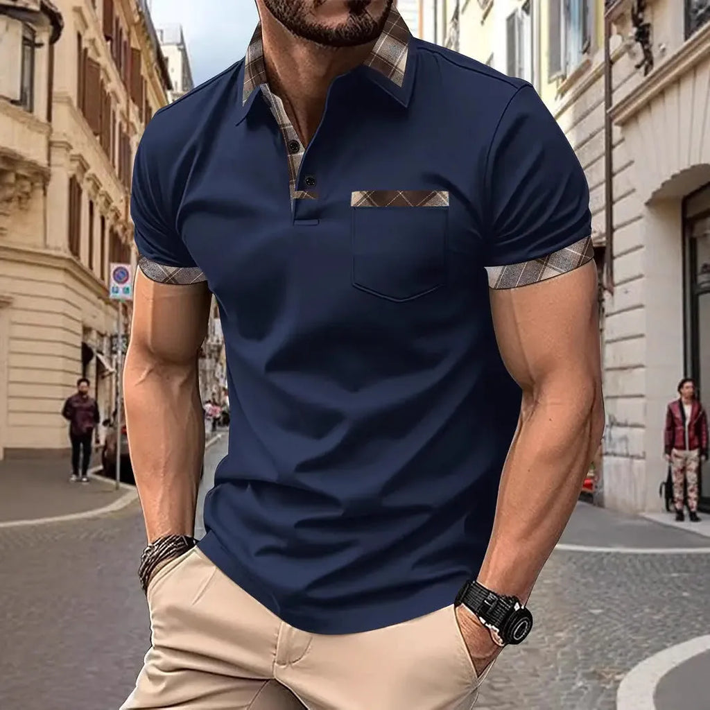Men's loose fit plaid colourblock T-shirt with short sleeves and zipper decorations