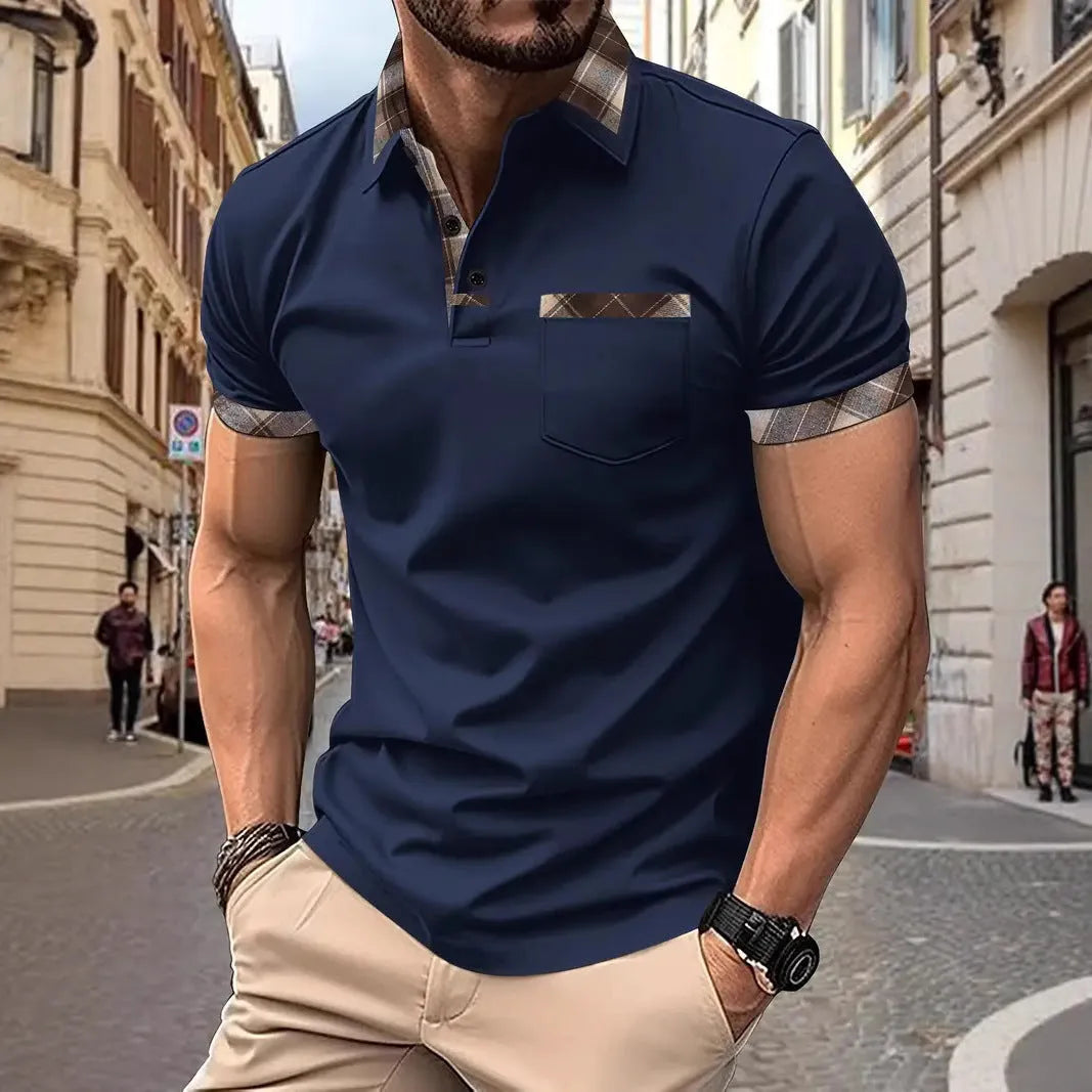 Men's loose fit plaid colourblock T-shirt with short sleeves and zipper decorations