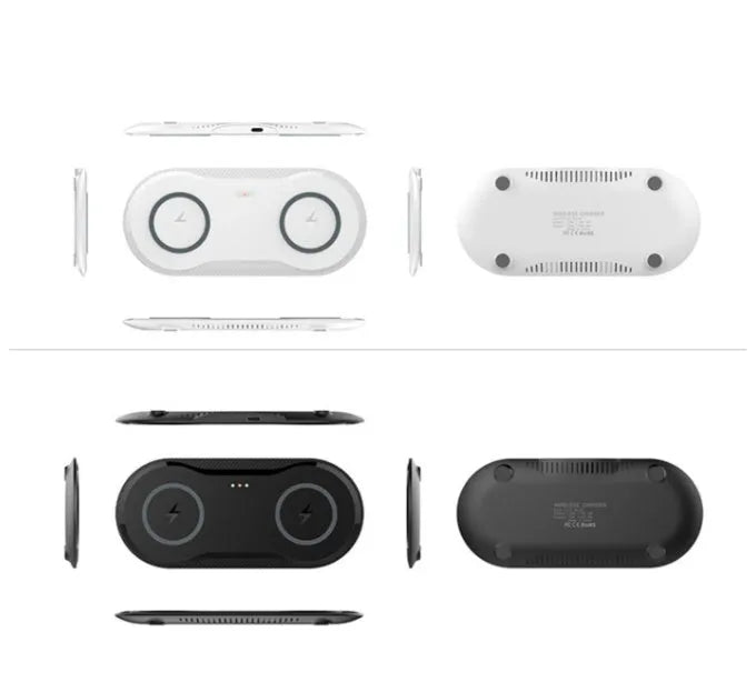 Dual wireless charging pad showing two phones charging simultaneously with black or white colour options