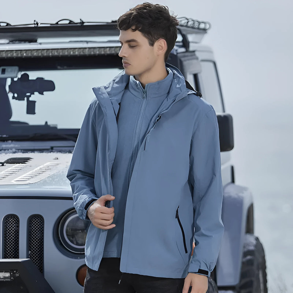 Men's two-piece fluorescent coloured mountaineering suit with removable padding for outdoor sports.