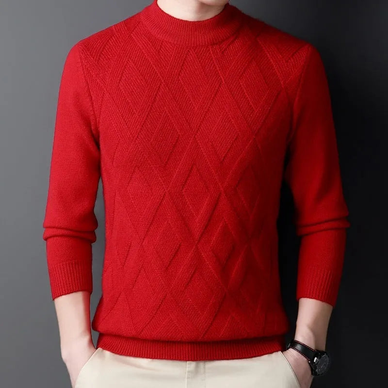Man wearing a thick diamond jacquard pattern wool blend pullover sweater in a neutral colour.