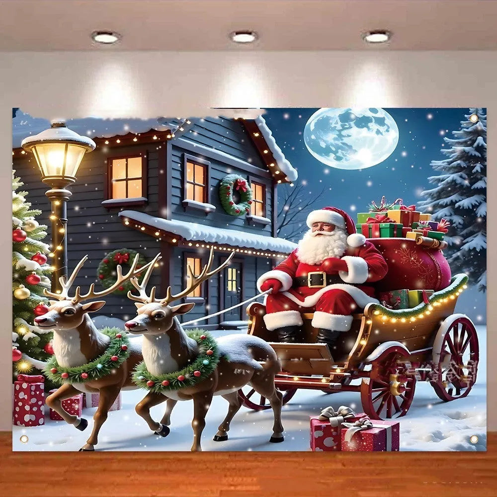 Christmas banner with Santa Claus and gift night scene design on polyester fabric