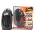 Black compact ceramic electric heater with digital display and a rotating three-prong plug.