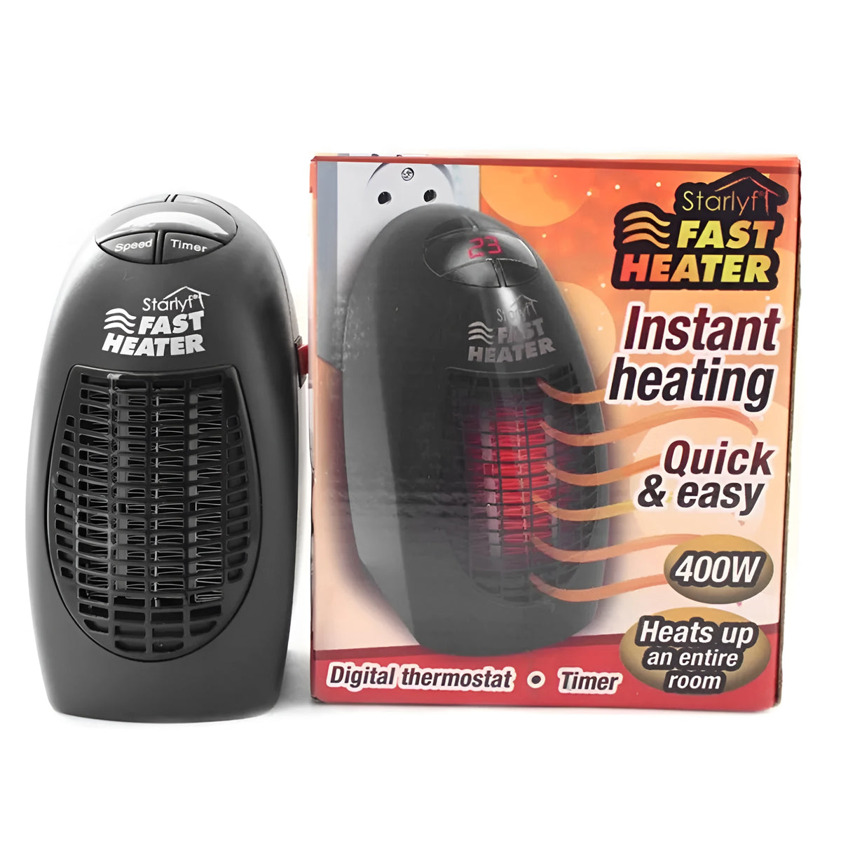 Black compact ceramic electric heater with digital display and a rotating three-prong plug.