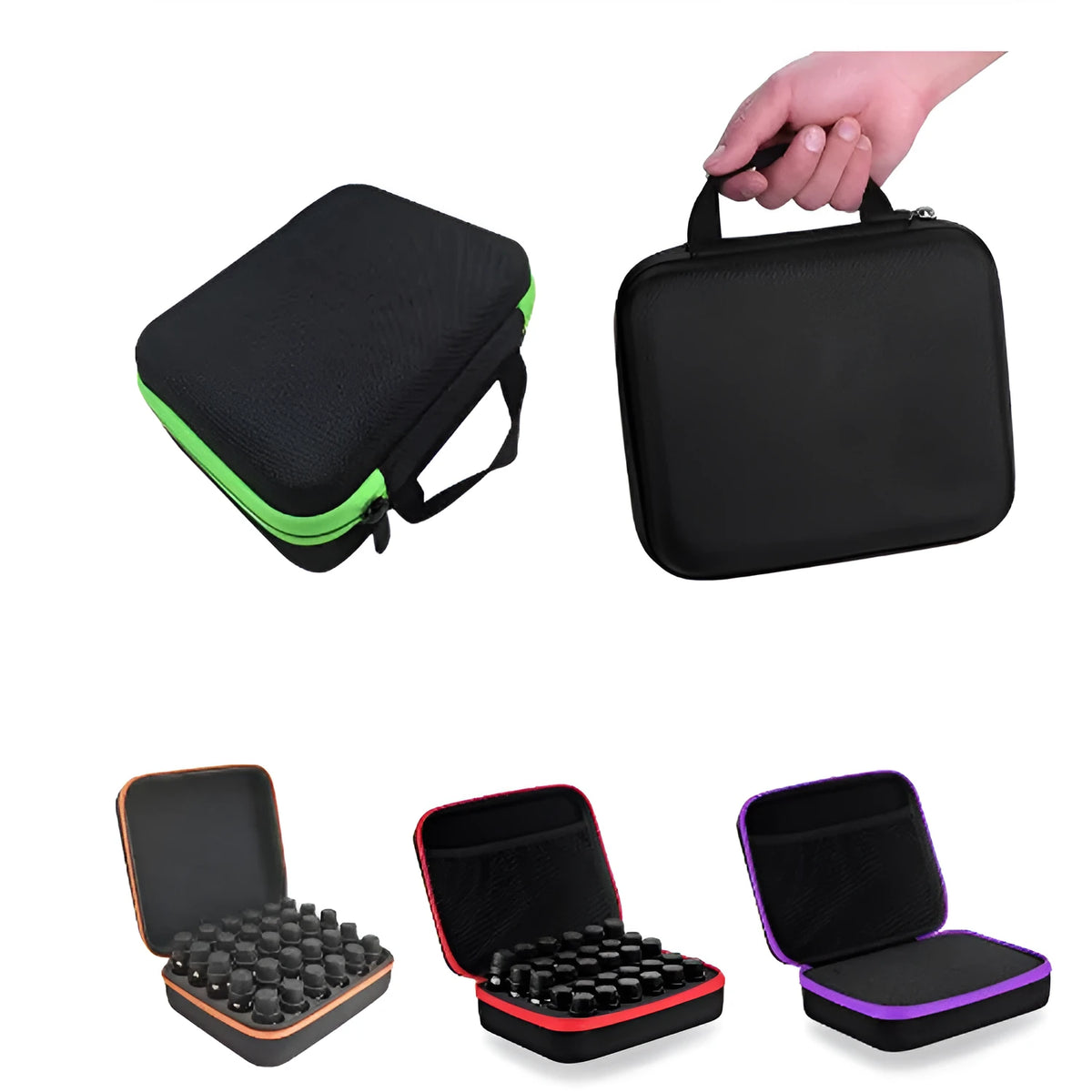 Red EVA cube-shaped essential oil storage bag holding 30 bottles, mounted on a wall.